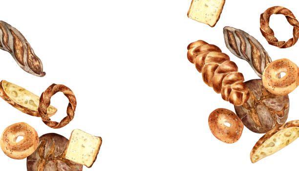 Board of different kinds bread watercolor isolated on white. Hand drawn rye bread, toast for bakery. Painted challah, bagel. Illustration of simit, loaf. Element for design bakeshop, packaging, menu Board of different kinds bread watercolor isolated on white. Hand drawn rye bread, toast for bakery. Painted challah, bagel. Illustration of simit, loaf. Element for design bakeshop, packaging, menu. whole wheat sesame bagel bread stock illustrations
