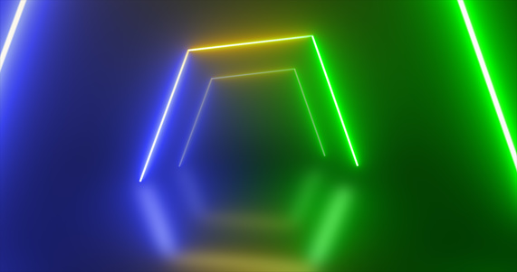 Abstract tunnel neon blue green and yellow energy glowing from lines background.