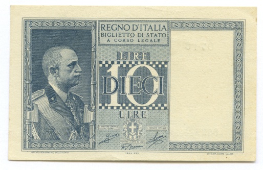 Front side of old money banknote for 10 (dieci) lire from year 1944 isolated against white background. This banknote is from Italy. SEE MORE OF MY SIMILAR IMAGES: