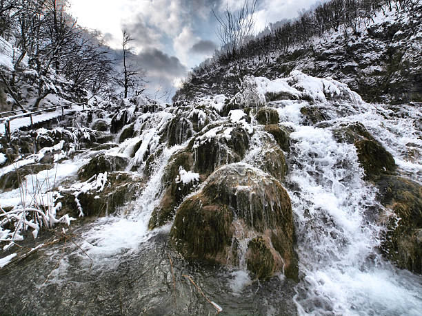 어둡습니다 구름이 - plitvice lakes national park croatia winter sparse 뉴스 사진 이미지