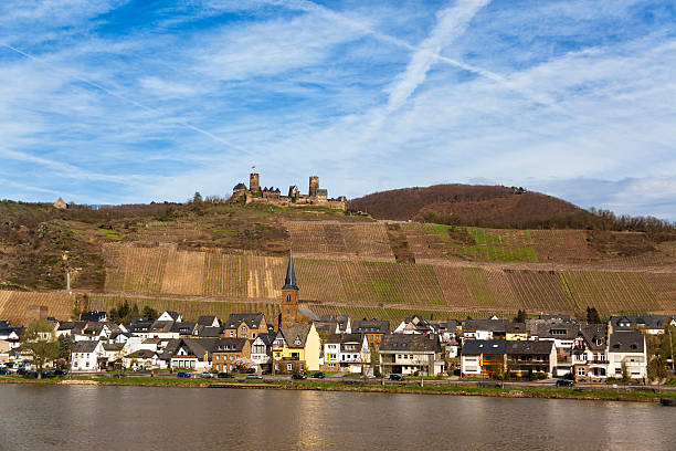 Top-hill castle and a town by the Moselle River, Germany