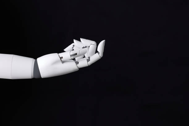 istock Robot hand finger making contact or pressing something on dark isolated background. Cyborg mechanical arm pointing. artificial Intelligence futuristic design concept 1807101348