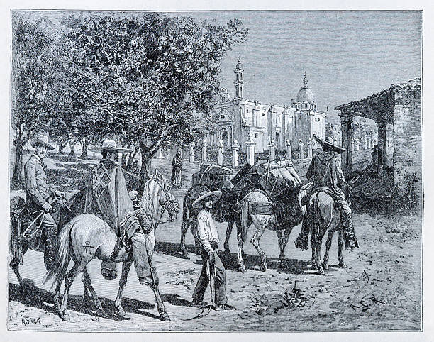 18th century etching featuring three men on horseback, one walking arriving in the outskirts of Acapulco, Mexico. First printed in a 1882 issue of Harper's New Monthly Magazine