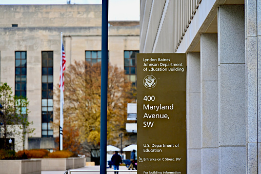 Washington, D.C., USA - November 20, 2023: Sign at the U.S. Department of Education building in the Nation’s Capital.