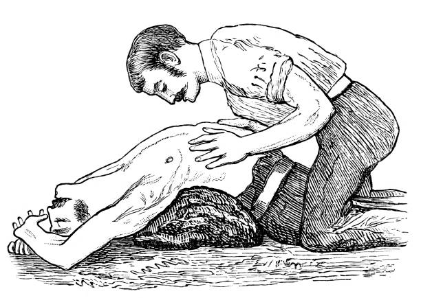 Reviving a drowning victim Vintage engraving of a victorian technique for reviving a drowning victim gay males stock illustrations