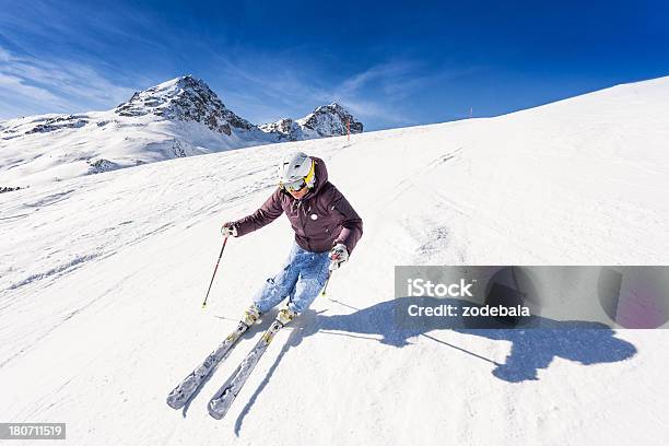 Skier On A Sunny Day Stock Photo - Download Image Now - Skiing, St Moritz, Ski