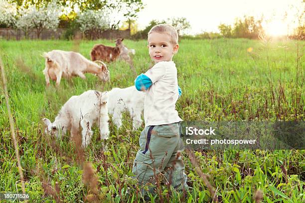 Мальчик С Козьим — стоковые фотографии и другие картинки Домашняя коза - Домашняя коза, Ребёнок, 2-3 года