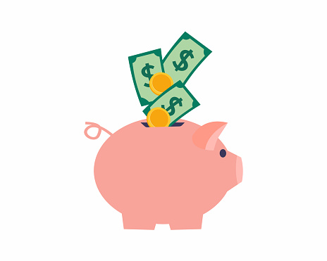 Piggy Bank with money cash savings safe finance investment flat vector illustration