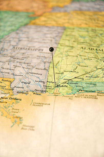 Road Map Macro Of Mobile Alabama And Gulf Coast States Road Map Macro Of Mobile Alabama And Gulf Coast States devistated by hurricane Katrina gulfport florida photos stock pictures, royalty-free photos & images