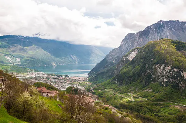 "Panoramic view on of the north part of Lake Garda, seen from the mountains behind the ancient city of Arco. Riva del Garda and Torbole visible in the background.Other photos from the series"