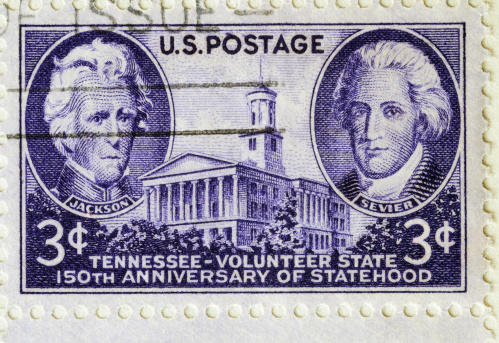 The 150th anniversary of Tennessee statehood was commemorated by this   stamp issued on June 1, 1946. The design features the Tennessee State Capitol in the center, flanked by portraits of President Andrew Jackson  and Governor John Sevier. Jackson was the first U. S. President from Tennessee. Sevier was the first governor of Tennessee.