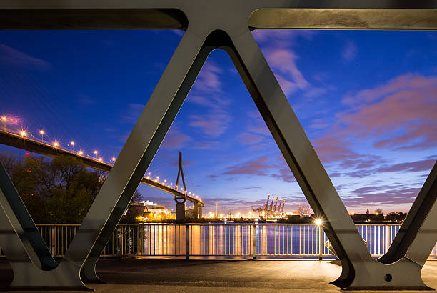 The Hamburg Koehlbrandbruecke (harbour bridge) during the blue hour after sunset. Taken with: Canon EOS 5D Mark 3 / 17mm TS-E