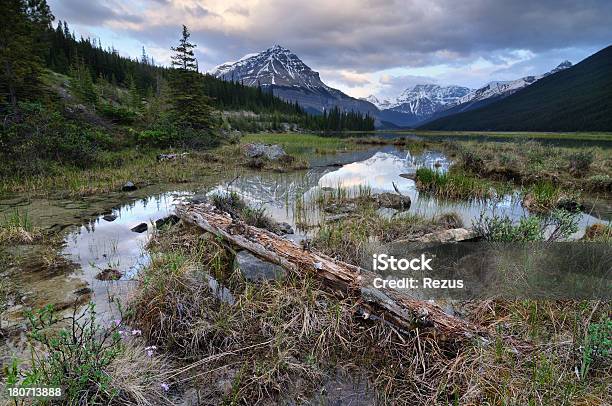 Foto de Crepúsculo Paisagem De Montanha Com Reflexo Em Um Lago Rokies No Canadá e mais fotos de stock de Alberta