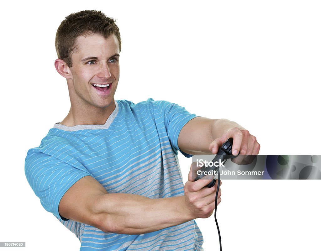 Feliz jovem jogando videogame - Foto de stock de Fundo Branco royalty-free