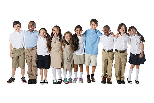 istock Diverse group of private elementary school students standing in row 180714590