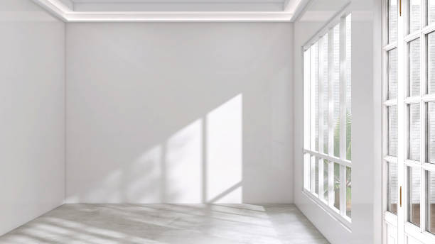 istock White blank empty room, polished cement floor in sunlight from white frame window and door to courtyard with palm tree 1807148494