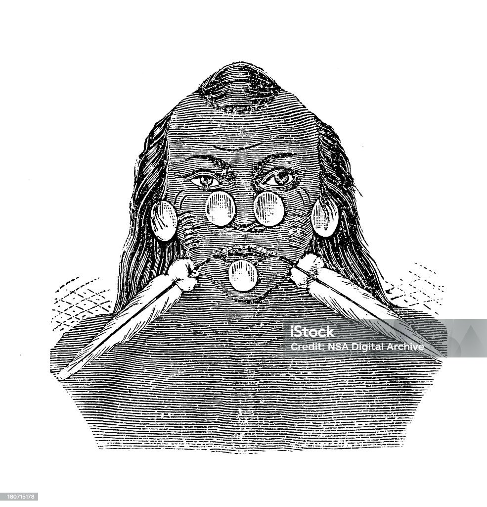 Начальник Племя Matses (состаренное дерево гравировка) - Стоковые иллюстрации Аборигенная культура роялти-фри