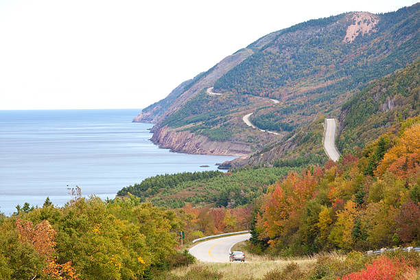 Scenic Highway Along The Sea "A highway through a colourful forest along the sea. Cabot Trail. Nova Scotia, Cape Breton, Canada. Fall scenic. Horizontal colour image." cabot trail stock pictures, royalty-free photos & images