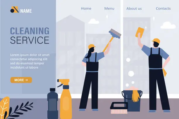 Vector illustration of Cleaning service, landing page template. Team man and woman janitors cleaners cleaning windows with cleaning tools. Staff washing windows in office or apartment.