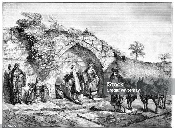 Zbieranie Wody Na Wiosnę Nazaret - Stockowe grafiki wektorowe i więcej obrazów Nazaret - Izrael - Nazaret - Izrael, Osioł, 1880-1889