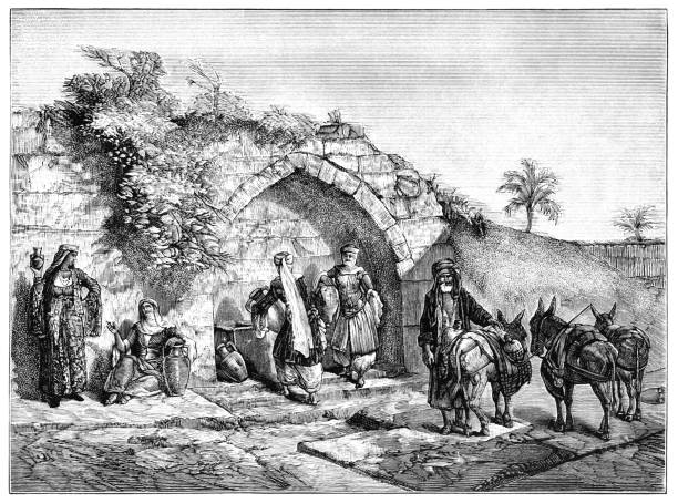 Collecting water at a spring in Nazareth "A group of women and an old man with three donkeys collecting water from a spring in Nazareth - Maryaas Well. From aRip Van Winkleaas Travels in Africa & Asiaai, published by Thomas Y. Crowell & Co., New York, 1882." man in donkey costume stock illustrations