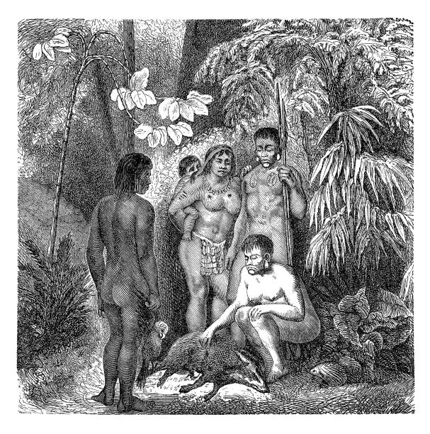 illustrazioni stock, clip art, cartoni animati e icone di tendenza di botocudo persone, sud america (in legno antico incisione) - popoli latino americani