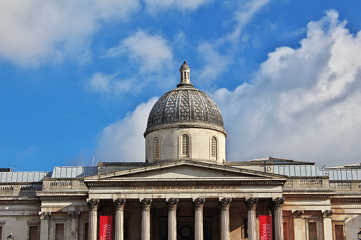 London, England, UK: British Museum south facade - Ionic portico with pediment representing the progress of civilisation