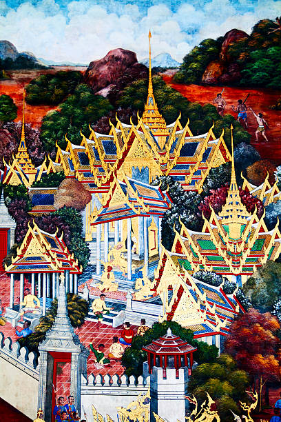 templo budista - temple wat phra kaeo mural wall - fotografias e filmes do acervo