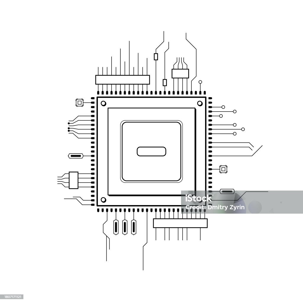 Abstract Black Simple Line Cpu Computer Technology Doodle Outline ...
