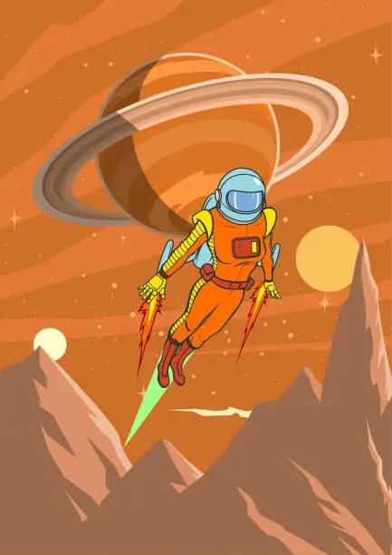 Vector illustration of Vector Retro Vintage Female Astronaut Exploring a Planet on a Jetpack Poster Stock Illustration