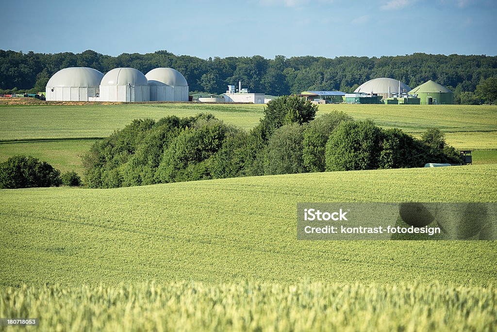 Bioenergie, Biomass energy plant in a rural landscape Biomass energy plant in a rural landscape on a hot summer day . Toned picture  Renewable Natural Gas Stock Photo