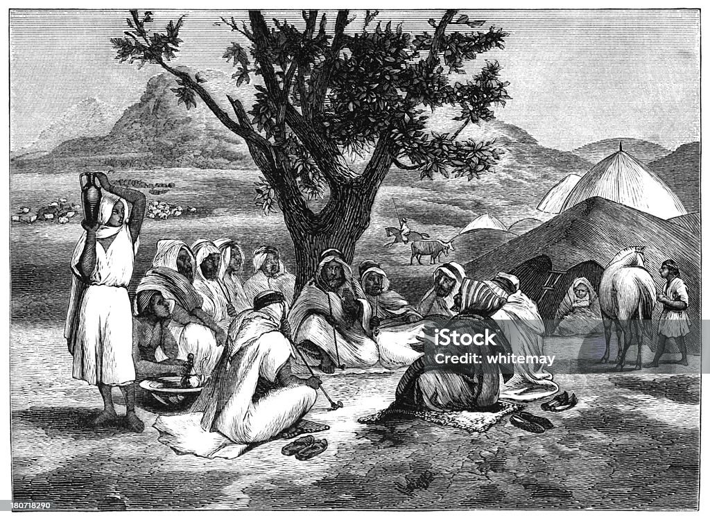 Arab story teller with his audience "An Arab storyteller with a spell-bound audience, sitting beside their tents in a desert oasis. From aRip Van Winkleaas Travels in Africa & Asiaai, published by Thomas Y. Crowell & Co., New York, 1882." Berbers stock illustration