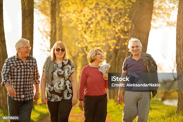 Quatro Seniors Caminhar Ao Ar Livre - Fotografias de stock e mais imagens de 60-69 Anos - 60-69 Anos, Adulto, Amizade