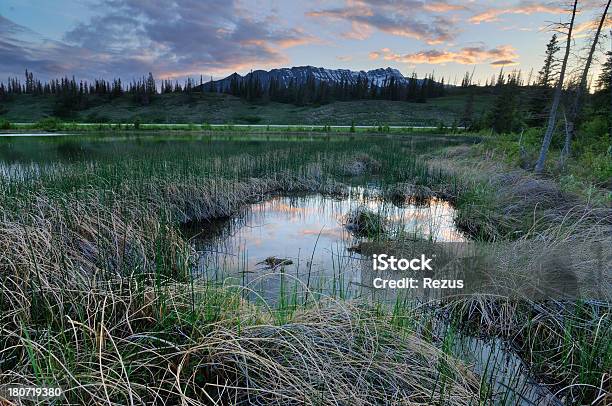 Paesaggio Di Montagna Al Crepuscolo Con Riflessione Nel Lago Rokies Canada - Fotografie stock e altre immagini di Acqua
