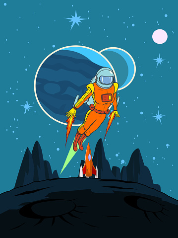Jetpack Poster Vector Retro Vintage Astronaut Exploring A Moon Surface On A Jetpack ...