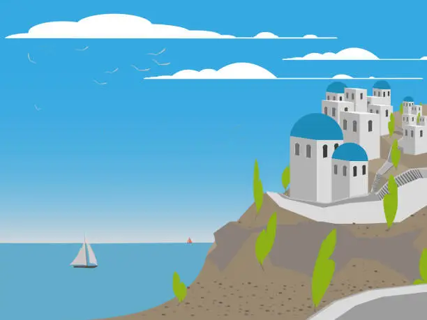 Vector illustration of Santorini with sea and sailing boats.