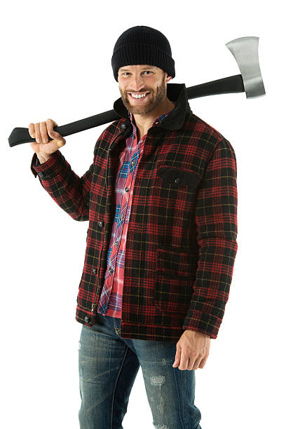 istock Smiling lumberjack standing with an axe 180719750