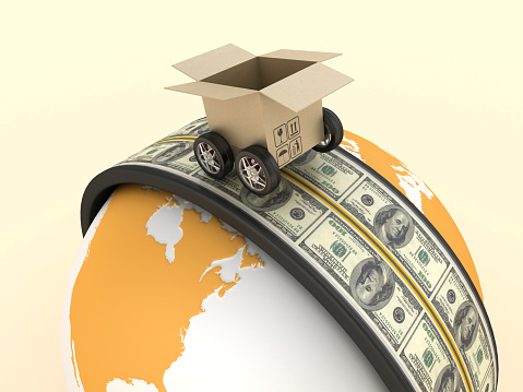 3D Road with Dollar Bills and Cardboard Box around the World - Color Background - 3D Rendering