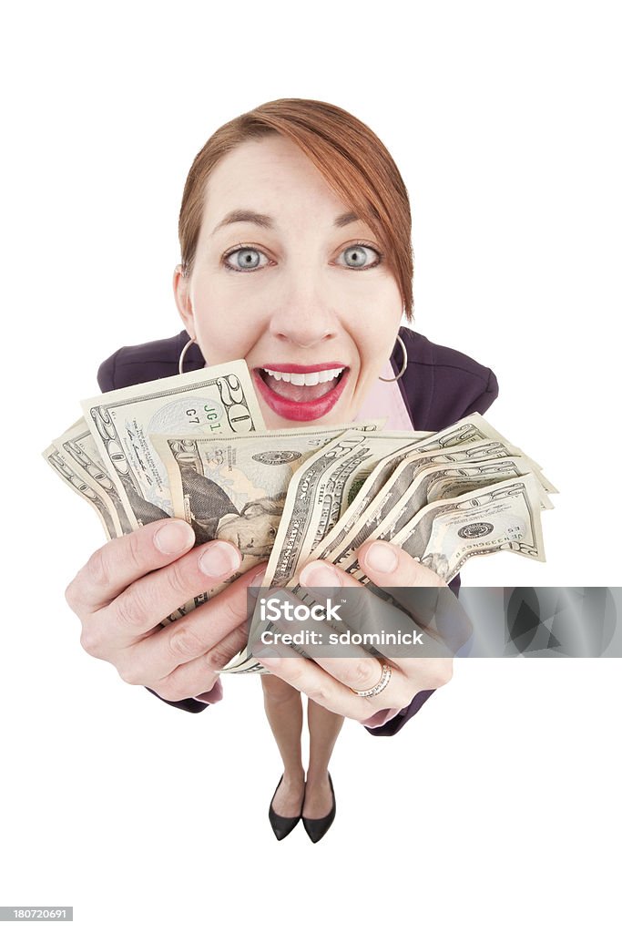 Fisheye бизнес Женщина держит деньги - Стоковые фото 35-39 лет роялти-фри