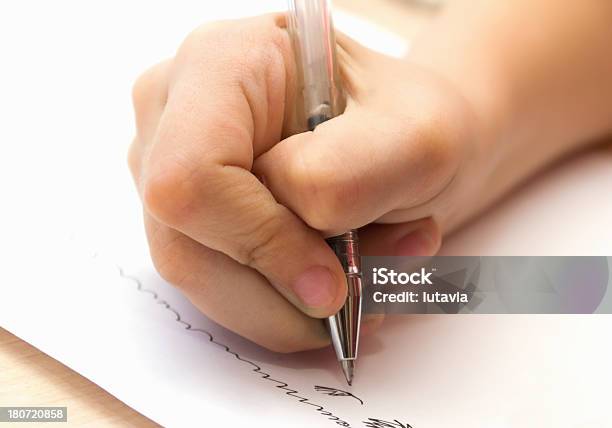 Childs Hand Writing Pen Stock Photo - Download Image Now - Child, Horizontal, Human Body Part