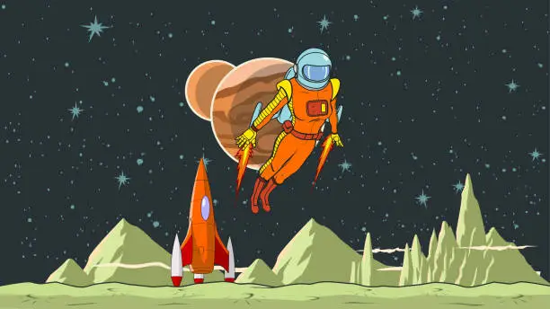 Vector illustration of Vector Retro Vintage Female Astronaut Exploring a Planet on a Jetpack Stock Illustration