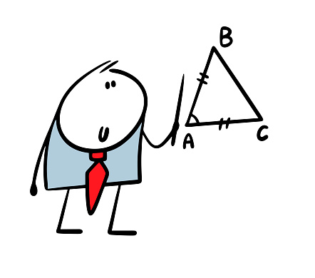 Geometry teacher at school stands at blackboard, holds pointer and explains theorem in class. Vector illustration of man in elegant suit with pointer and isosceles triangle. Isolated on white.