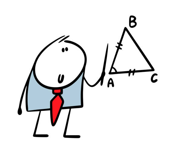 Geometry teacher at school stands at blackboard, holds pointer and explains theorem in class. Vector illustration of man in elegant suit with pointer and isosceles triangle. Geometry teacher at school stands at blackboard, holds pointer and explains theorem in class. Vector illustration of man in elegant suit with pointer and isosceles triangle. Isolated on white. isosceles triangle stock illustrations
