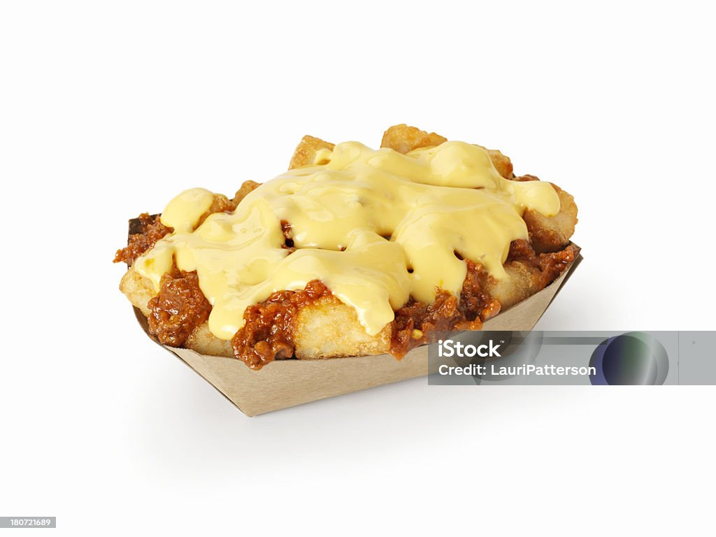 Chilli Cheese Tater Tots Hash Brown Potatoes in a take out container with Chilli and Cheese Sauce- Photographed on Hasselblad H3D2-39mb Camera Cheese Stock Photo