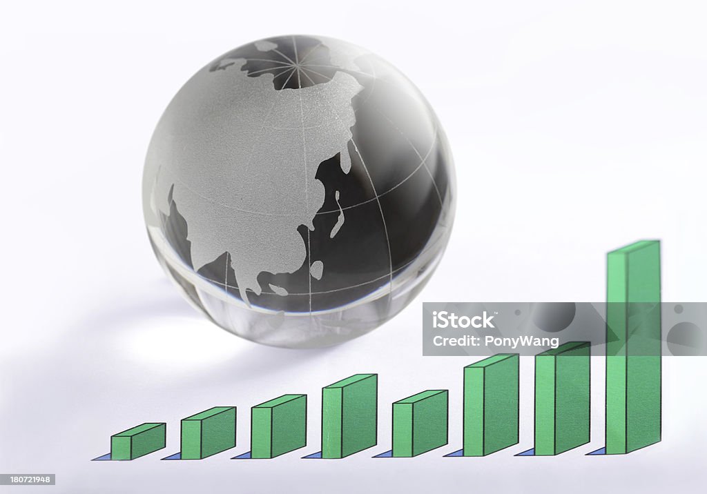 rising chart graph with globe "rising chart graph predicts global worldwide growth with a globe ( Asia map ) as symbol of success and financial, businessGlobe Series" Business Stock Photo