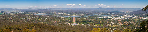 The Australian Capital A panoramic of ANZAC Parade, Old Parliament House, Parliament House and central Canberra in the Australian Capital Territory. kings park stock pictures, royalty-free photos & images