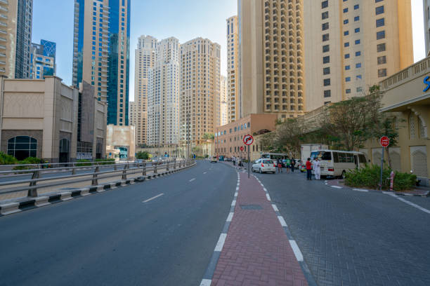 Dubai March 19th of 2019: JBR road with cars on a sunny day. Dubai