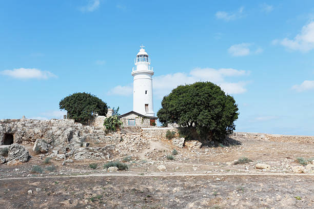Island of Cyprus. Summer Paphos. White lighthouse. Coast of Mediterranean sea. Panorama with white lighthouse. Landscape city of Paphos. Cyprus in sunny weather. Blooming meadow on island of Cyprus