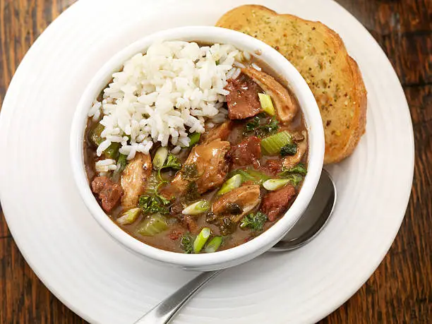 Creole Style Chicken  and Sausage Gumbo with white rice and bread- Photographed on Hasselblad H3D2-39mb Camera