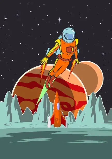 Vector illustration of Vector Retro Vintage Female Astronaut Exploring a Planet on a Jetpack Poster Stock Illustration